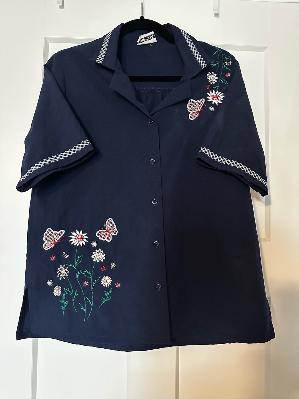 BonWorth Navy Cottagecore Granny Embroidered Blouse with Daises and Butterflies